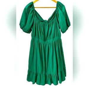 Hesperus kelly grn 100% cottn open bk puff slv rffl hem lined drss SZ 2X preppy